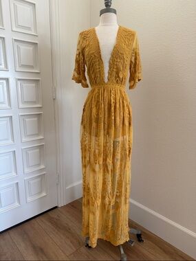 Honey Punch Embroidered Mustard Yellow Maxi Dress